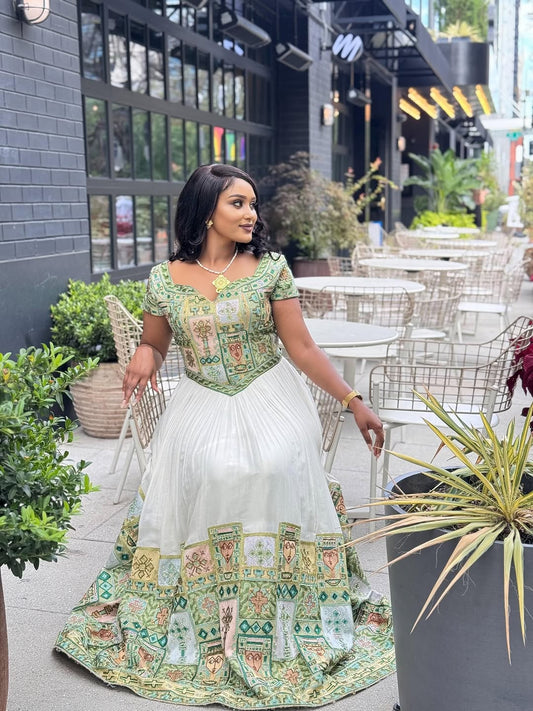 Luxe Green Habesha Kemis – Luxury Handwoven Ethiopian Ceremony Dress by Enku Design