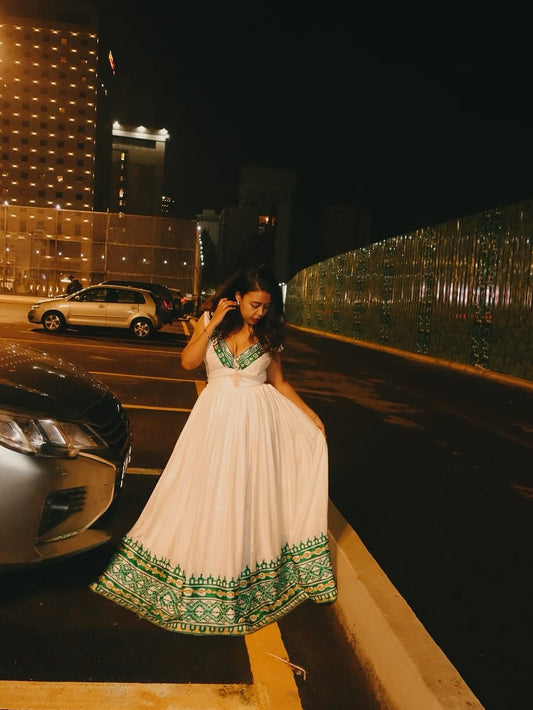 Green Ethiopian Dress – Vibrant Sleeveless Habesha Kemis with Hand-Woven Gold Accents for Summer Weddings & Cultural Events