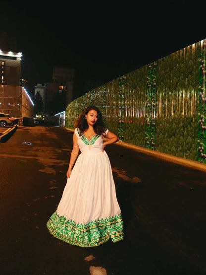 Green Ethiopian Dress – Vibrant Sleeveless Habesha Kemis with Hand-Woven Gold Accents for Summer Weddings & Cultural Events