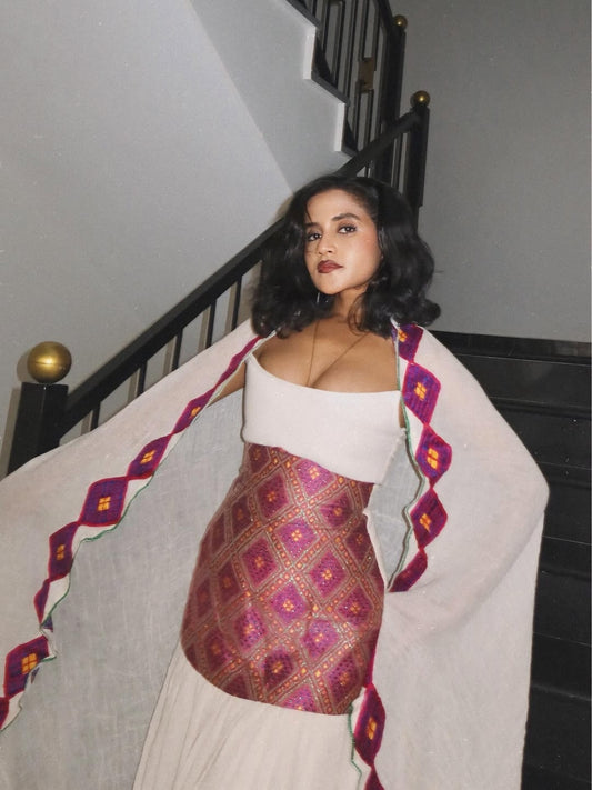 Pink Ethiopian Dress – Modern Habesha Kemis with Diamond Tilf Design and Structured Bodice for Melse and Stylish Events