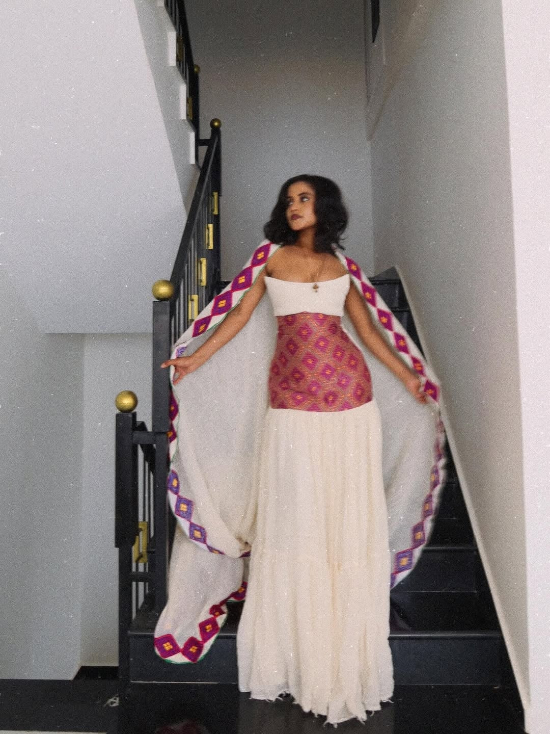 Pink Ethiopian Dress – Modern Habesha Kemis with Diamond Tilf Design and Structured Bodice for Melse and Stylish Events
