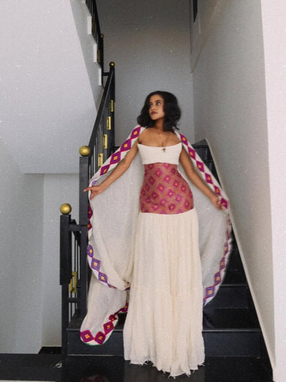Pink Ethiopian Dress – Modern Habesha Kemis with Diamond Tilf Design and Structured Bodice for Melse and Stylish Events