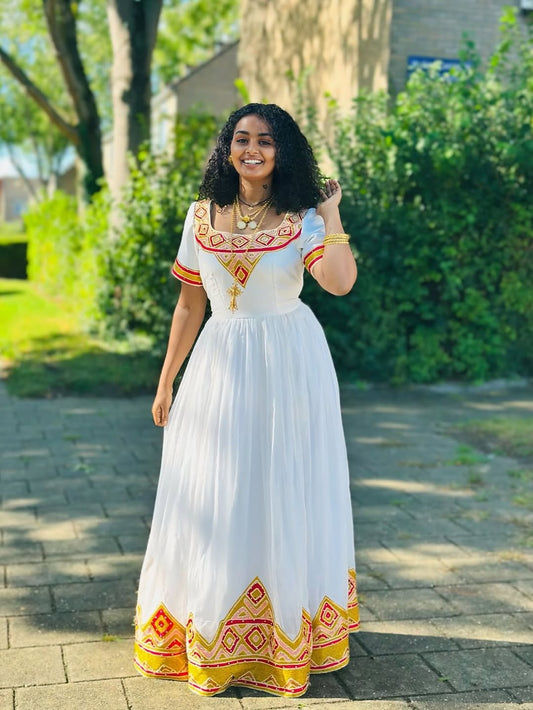 ቀይ የኢትዮጵያ ቀሚስ – ባህላዊ ኮተን ሀገር ባህል ልብስ