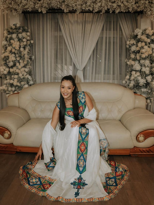 Multi-Color Ethiopian Traditional Dress – Unique Habesha Cultural Design for Weddings, Celebrations & Special Occasions