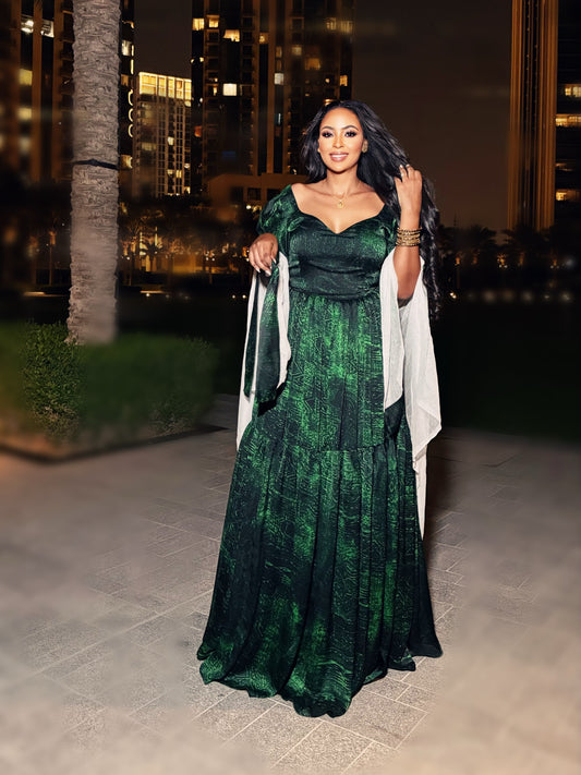 Green Habesha Chiffon with Tilet Pattern Embroidery – Traditional Wear for Cultural Events