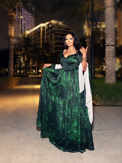 Green Habesha Chiffon with Tilet Pattern Embroidery – Traditional Wear for Cultural Events