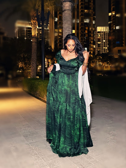 Green Habesha Chiffon with Tilet Pattern Embroidery – Traditional Wear for Cultural Events