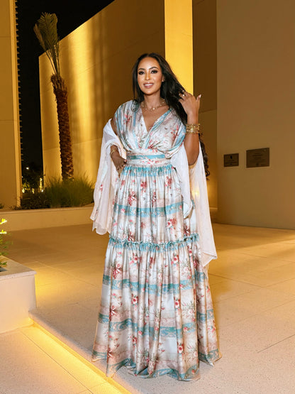 Silver Habesha Dress Chiffon Floral Tilet Pattern for Women