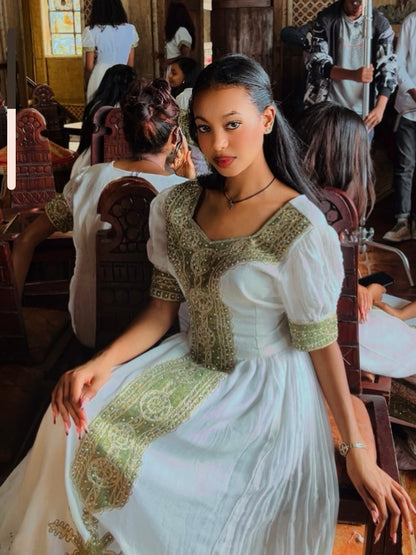 Green Ethiopian Libs with Puffed Sleeves – Stylish Habesha Outfit for Cultural Events and Modern Traditional Wear