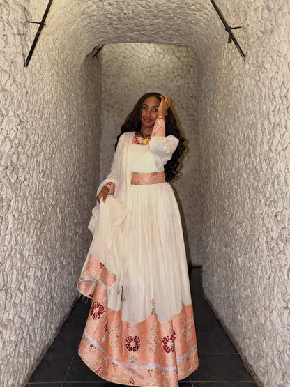 Pink Habesha Libs – Contemporary Ethiopian Traditional Dress with Artistic Hand Embroidery for Weddings, Festivals, and Ceremonial Occasions