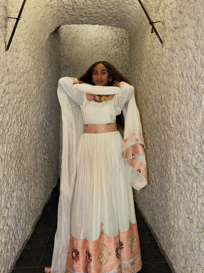 Pink Habesha Libs – Contemporary Ethiopian Traditional Dress with Artistic Hand Embroidery for Weddings, Festivals, and Ceremonial Occasions