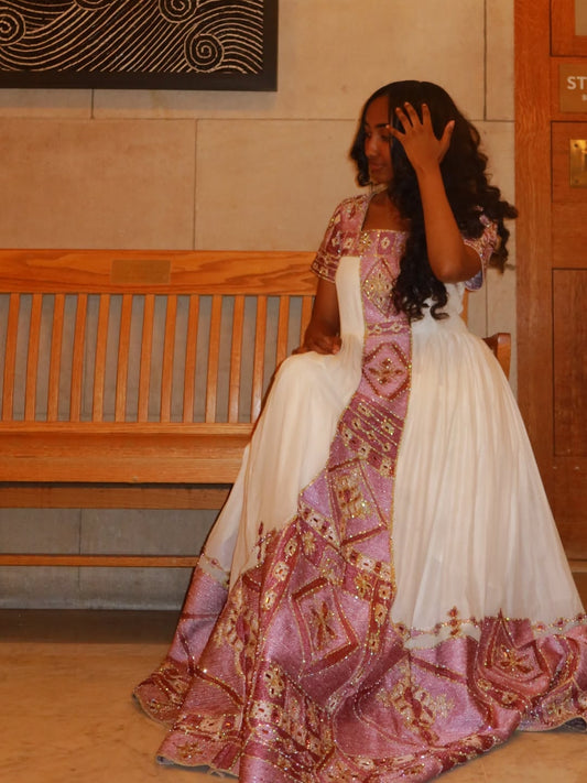 Elegant Purple Habesha Wedding Dress with Traditional Embroidery for bridals