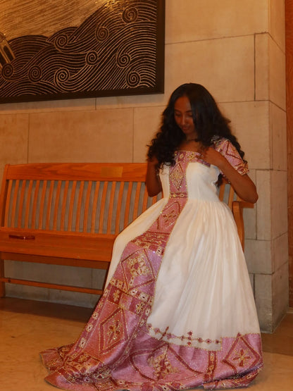 Elegant Purple Habesha Wedding Dress with Traditional Embroidery for bridals