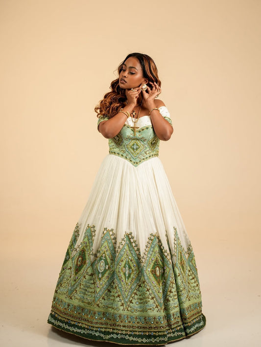 Green Habesha Libs - Elegant Traditional Ethiopian Dress for Weddings, Cultural Festivals, Family Celebrations and Special Events