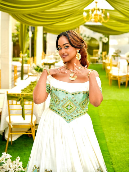 Green Habesha Kemis – Elegant Off-Shoulder Ethiopian Traditional Dress for Weddings, Cultural Celebrations, and Special Occasions