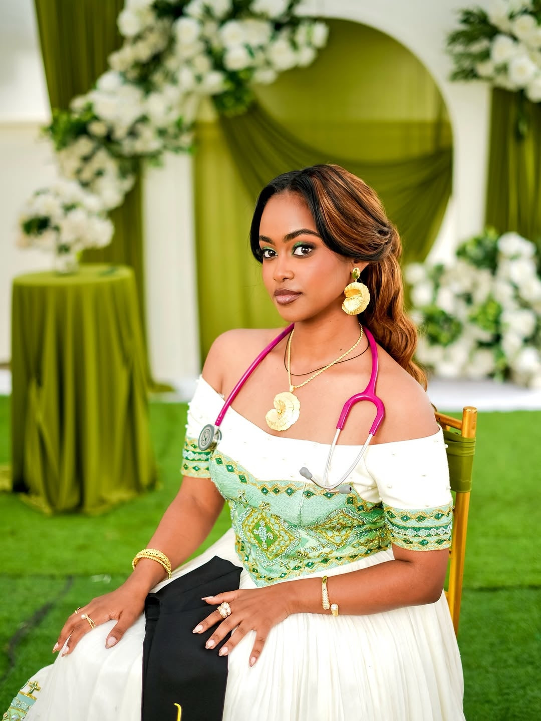 Green Habesha Kemis – Elegant Off-Shoulder Ethiopian Traditional Dress for Weddings, Cultural Celebrations, and Special Occasions