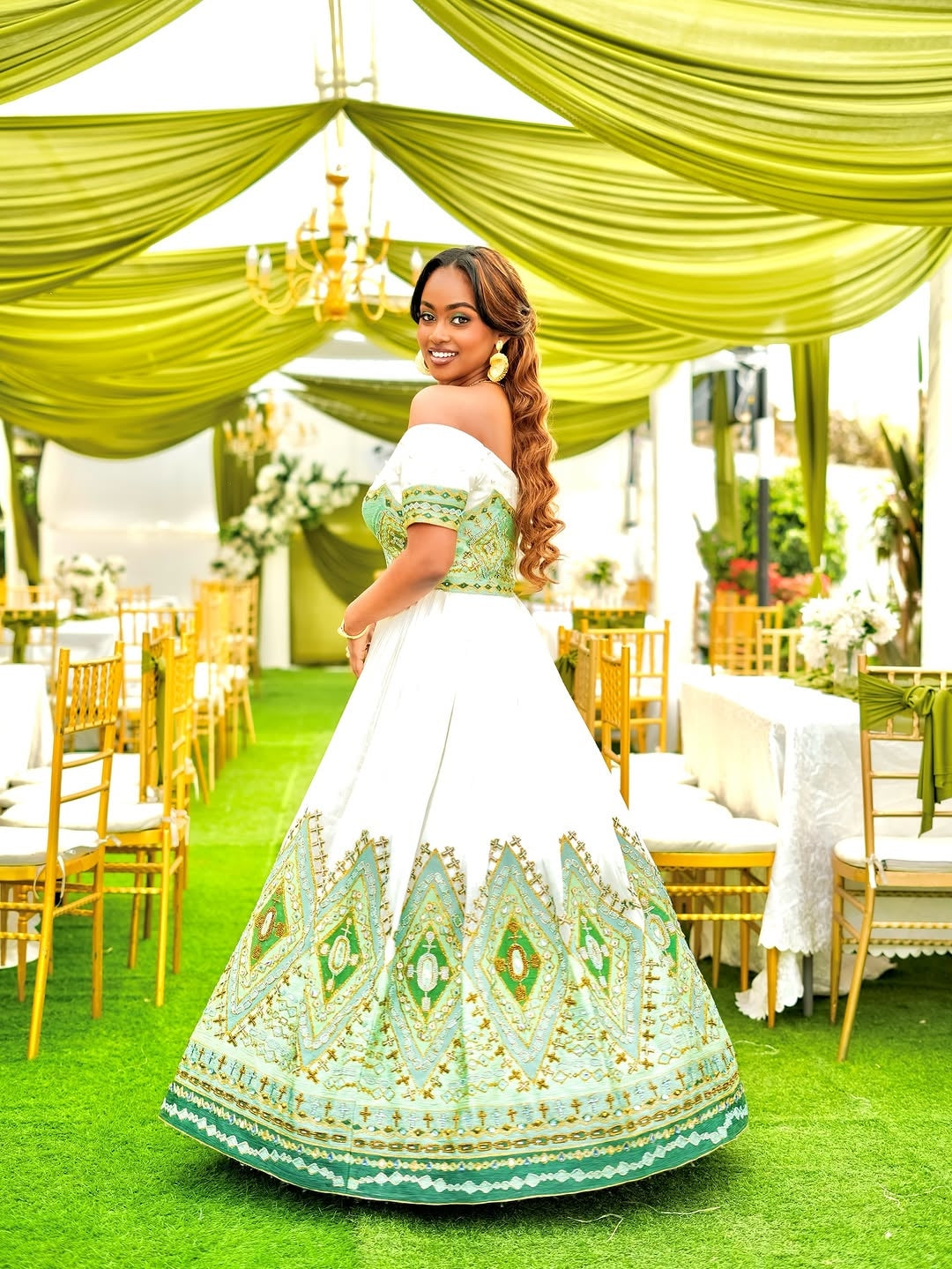 Green Habesha Kemis – Elegant Off-Shoulder Ethiopian Traditional Dress for Weddings, Cultural Celebrations, and Special Occasions