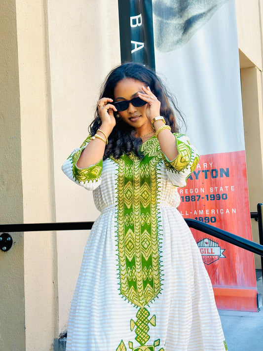 Green Habesha Dress – Charming Handwoven Dress with Tilet Embroidery for Sunday Church Service