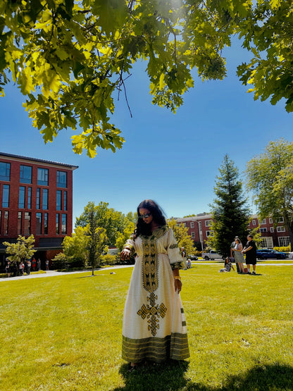 Green Habesha Dress – Charming Handwoven Dress with Tilet Embroidery for Sunday Church Service