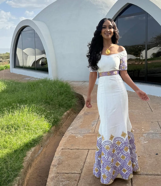 Purple Mermaid Habesha Dress – Fitted Ethiopian Outfit for Weddings, Parties, and Special Occasions