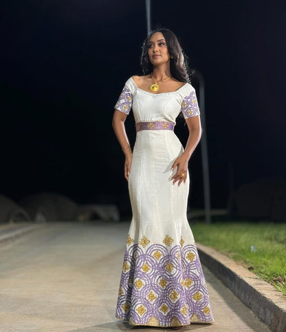 Purple Mermaid Habesha Dress – Fitted Ethiopian Outfit for Weddings, Parties, and Special Occasions