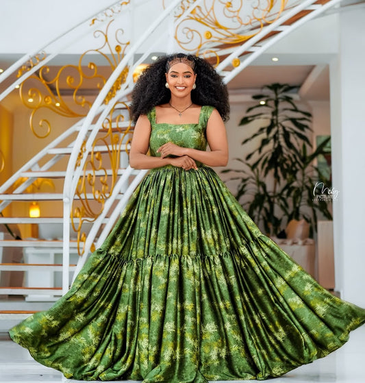 Green Habesha Chiffon Dress – Flowing Ethiopian Outfit with Modern Comfort for Weddings and Cultural Events