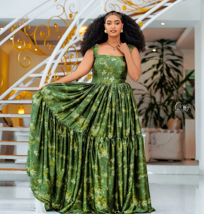 Green Habesha Chiffon Dress – Flowing Ethiopian Outfit with Modern Comfort for Weddings and Cultural Events