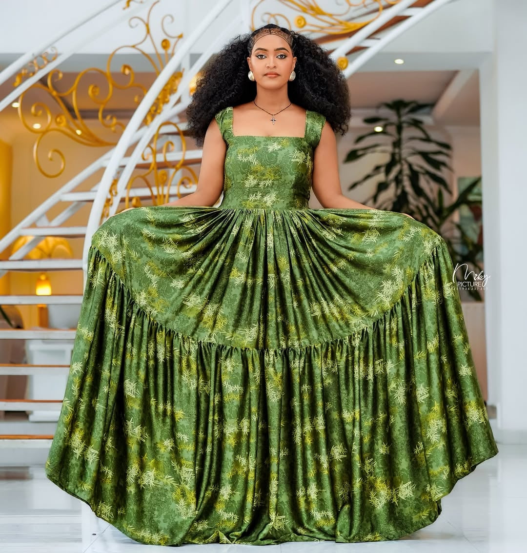 Green Habesha Chiffon Dress – Flowing Ethiopian Outfit with Modern Comfort for Weddings and Cultural Events