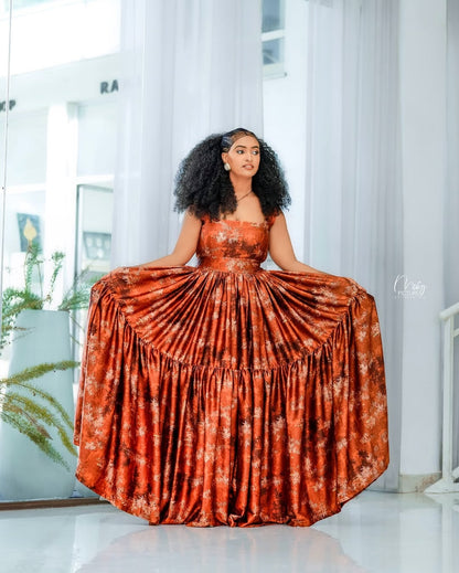 Orange Chiffon Ethiopian Dress – Lightweight Flowing Outfit for Weddings, Cultural Events, and Celebrations
