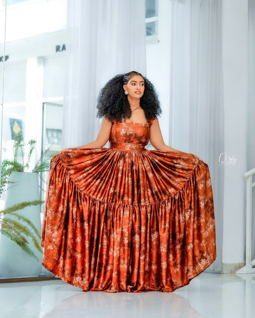 Orange Habesha Chiffon Dress with Floral Accents – Ethiopian Dress for Weddings & Celebrations