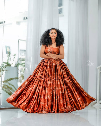 Orange Chiffon Ethiopian Dress – Lightweight Flowing Outfit for Weddings, Cultural Events, and Celebrations