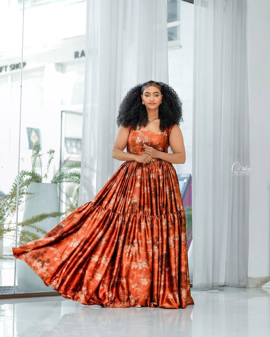 Orange Habesha Chiffon Dress with Floral Accents – Ethiopian Dress for Weddings & Celebrations