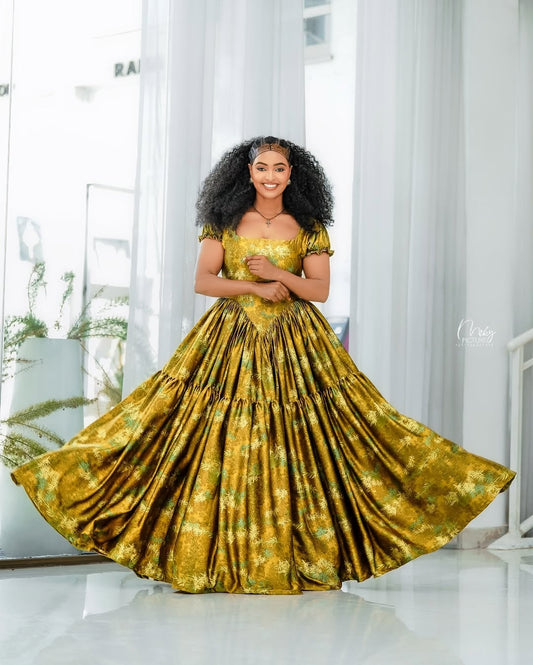 Gold Chiffon Ethiopian Dress – Lightweight Habesha Outfit with Flowing Design for Weddings and Special Occasions