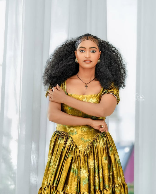 Gold Chiffon Ethiopian Dress – Lightweight Habesha Outfit with Flowing Design for Weddings and Special Occasions