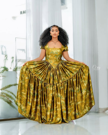 Gold Chiffon Ethiopian Dress – Lightweight Habesha Outfit with Flowing Design for Weddings and Special Occasions