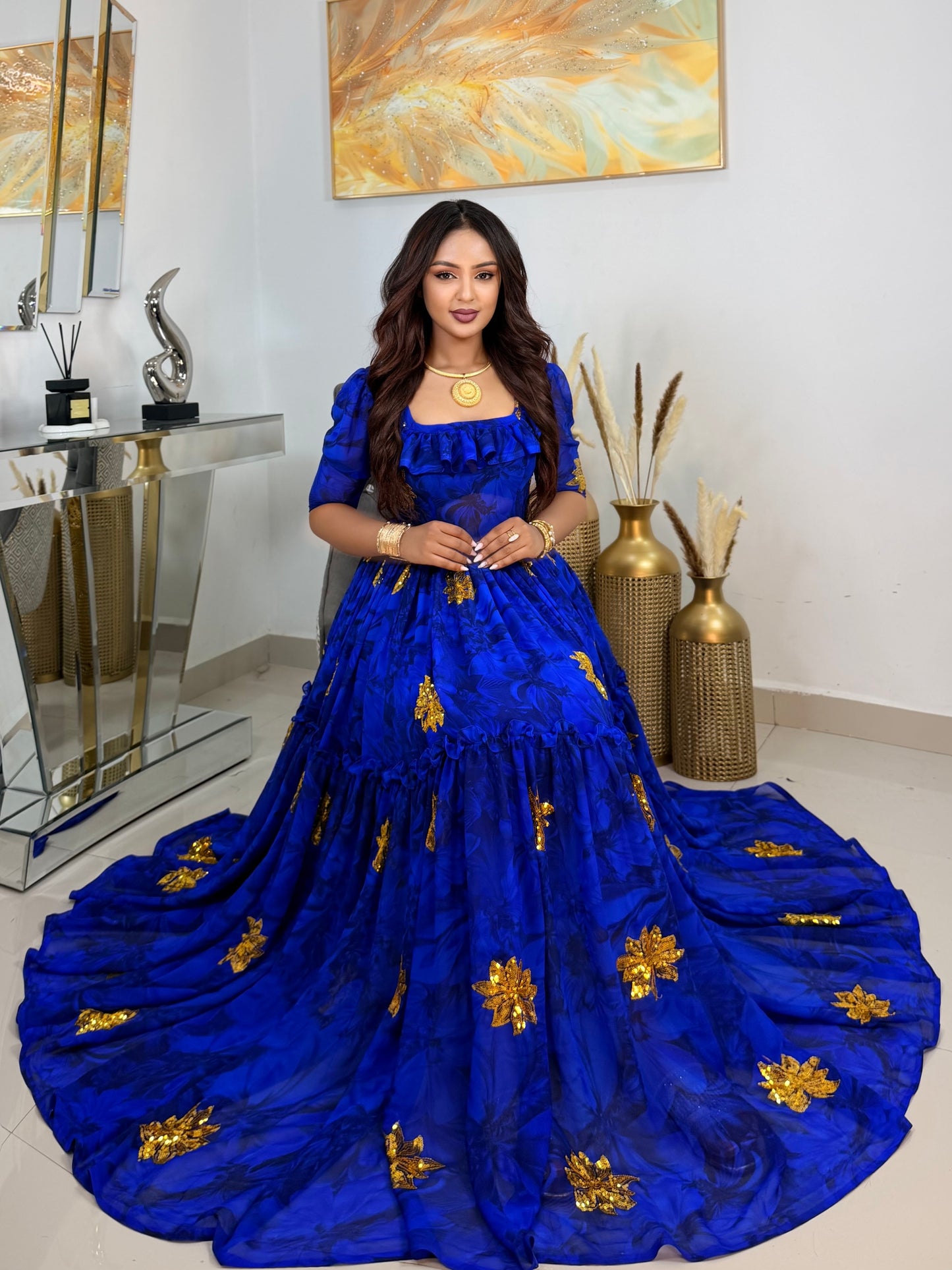 Blue Habesha Chiffon Cultural flowing dress Embroidery for Special Occasions
