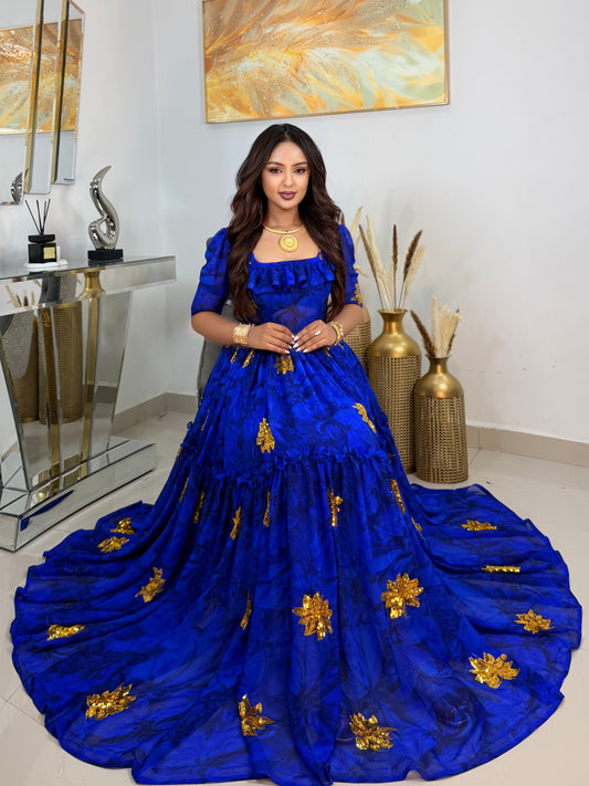 Blue Habesha Chiffon Cultural flowing dress Embroidery for Special Occasions