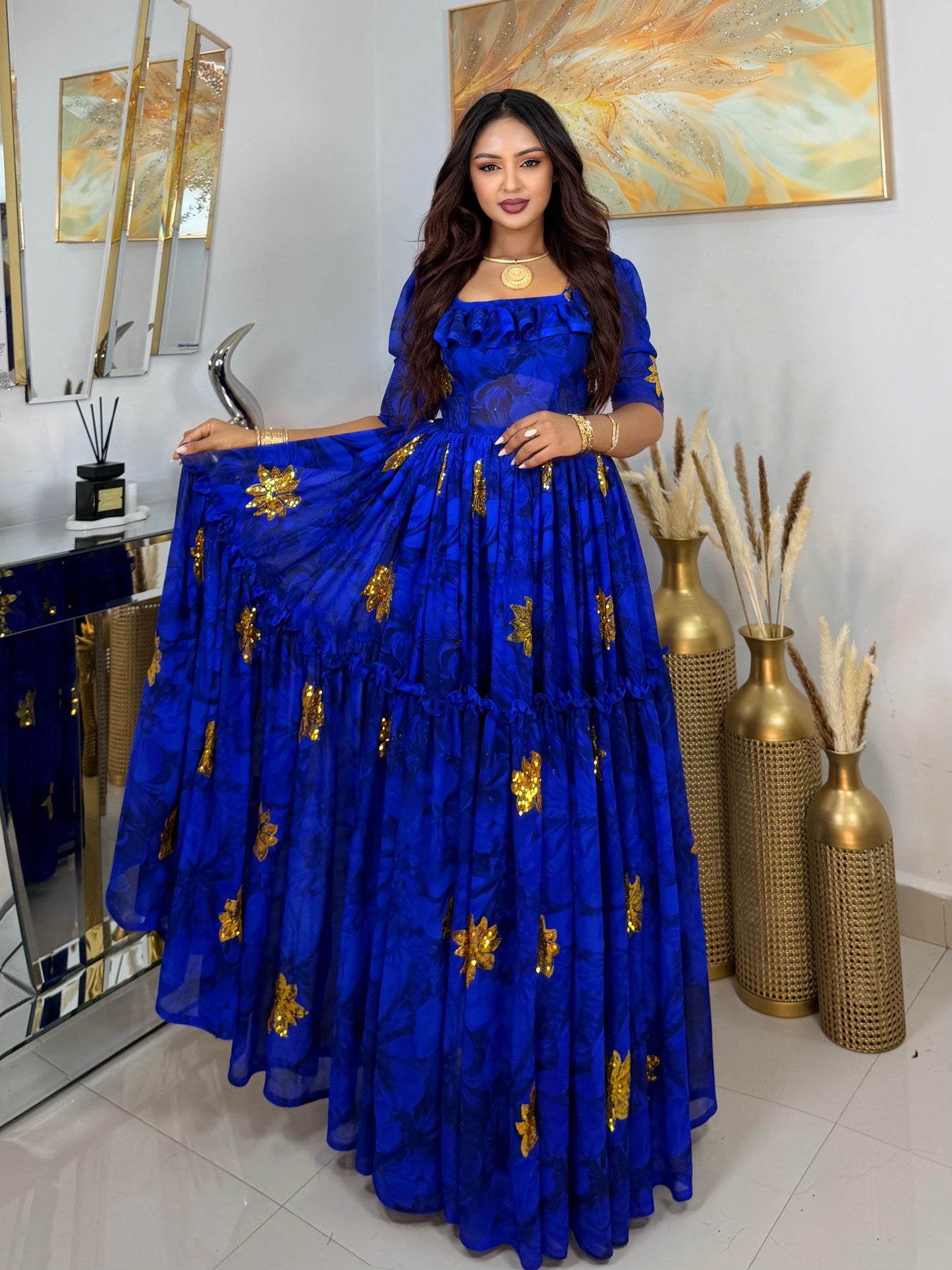Blue Habesha Chiffon Cultural flowing dress Embroidery for Special Occasions