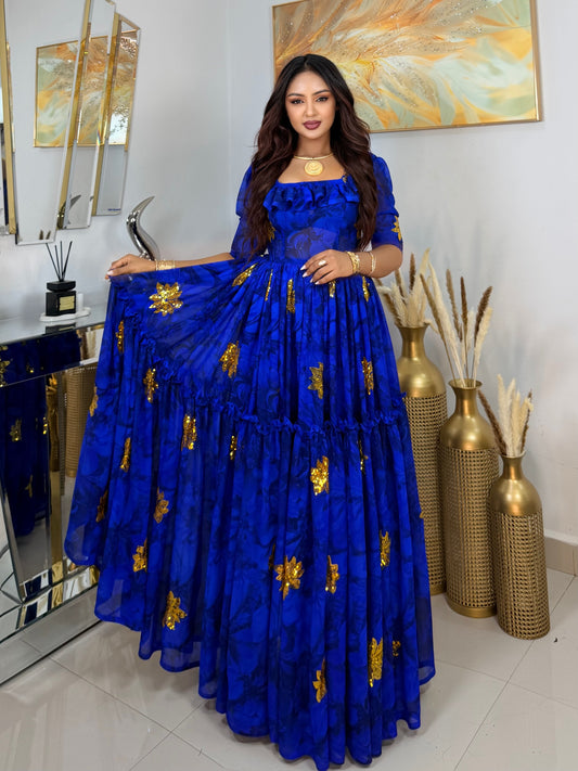 Blue Habesha Chiffon Cultural flowing dress Embroidery for Special Occasions
