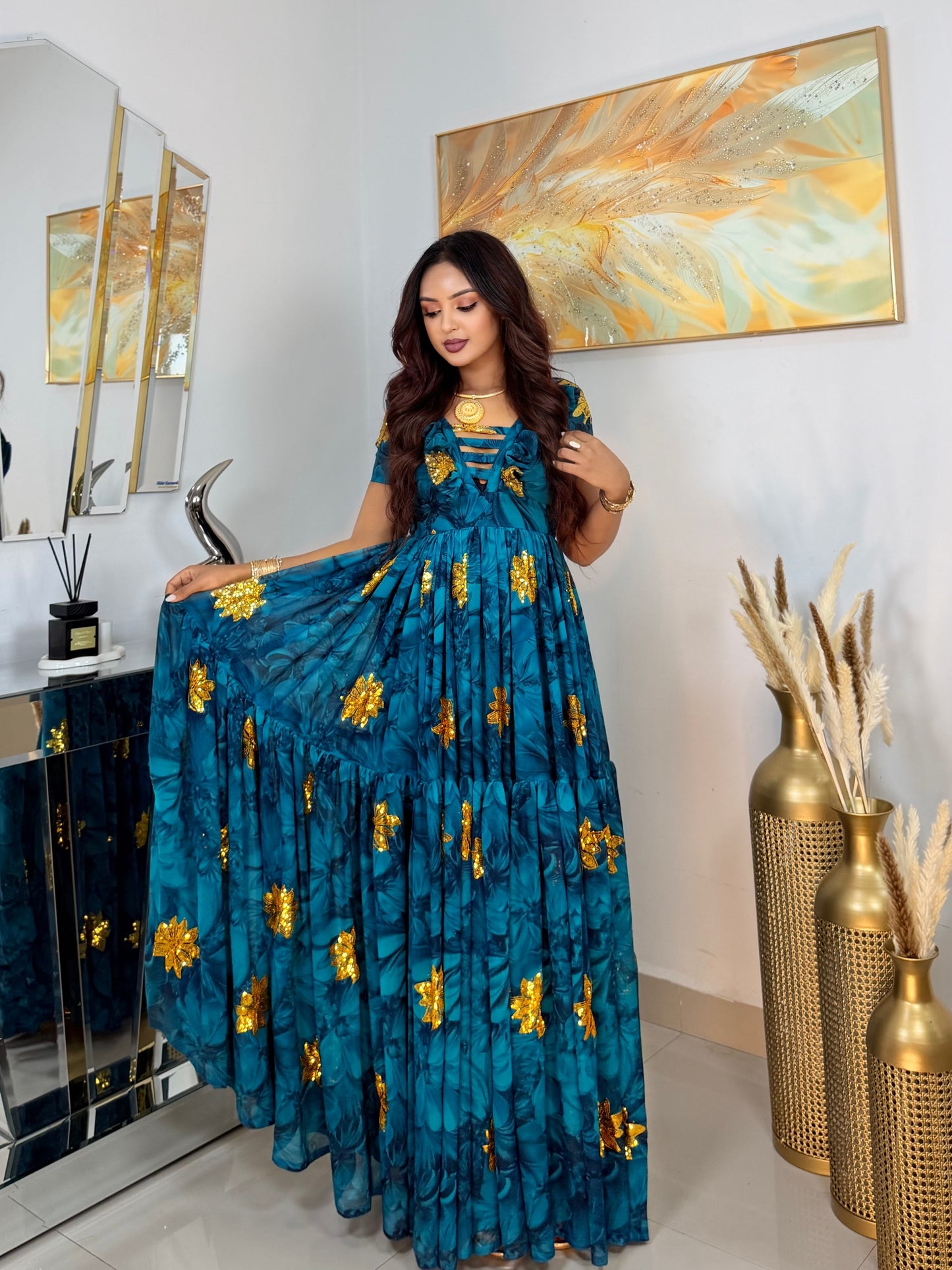 Blue Habesha Kemis Chiffon Classic Tibeb Design for holidays