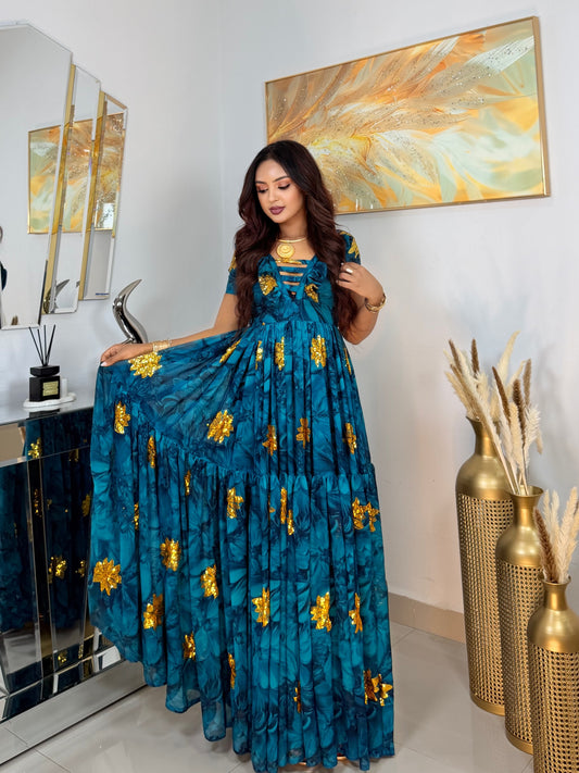 Blue Habesha Kemis Chiffon Classic Tibeb Design for holidays