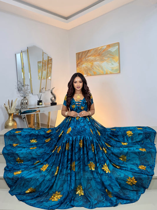 Blue Habesha Kemis Chiffon Classic Tibeb Design for holidays