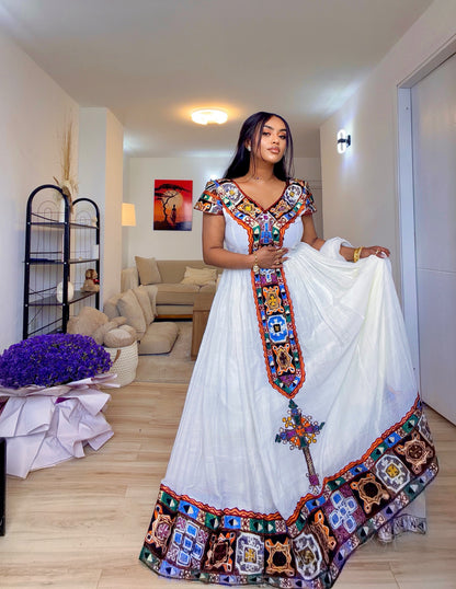 Ethiopian clothing – multi color Traditional Habesha Dress for Weddings & Celebrations | HabeshaDress.store