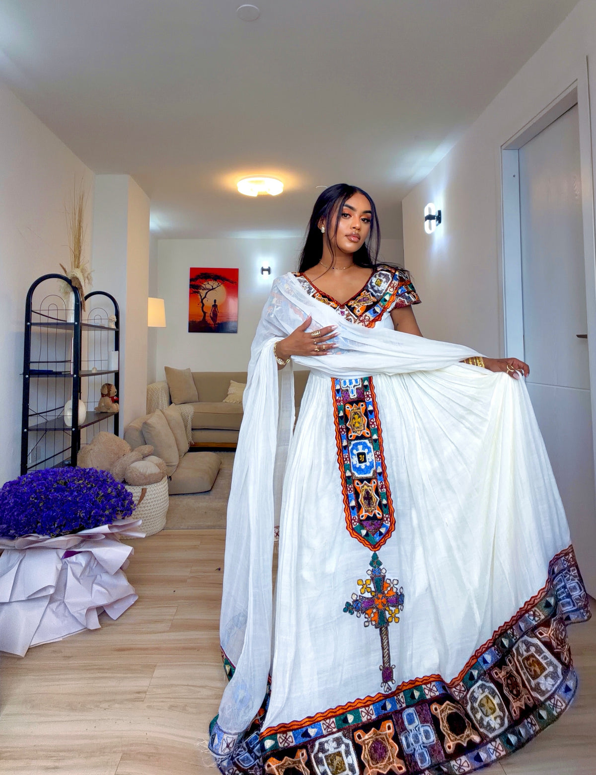 Ethiopian clothing – multi color Traditional Habesha Dress for Weddings & Celebrations | HabeshaDress.store