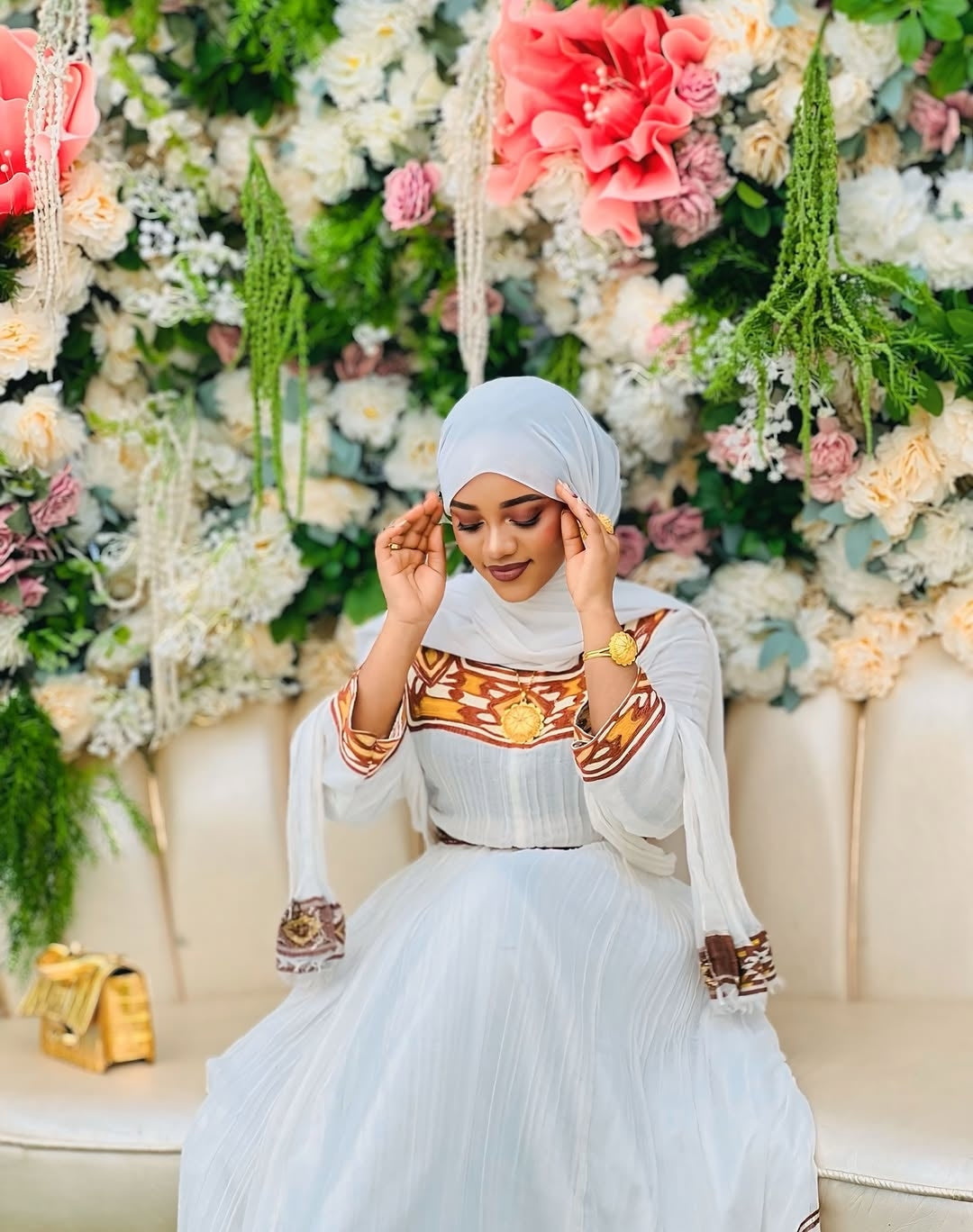 Gold Ethiopian Traditional Dress – Handcrafted Cultural kemis with Wide Tibeb Embroidery and Elegant Silhouette for Luxury Weddings & Heritage Celebrations