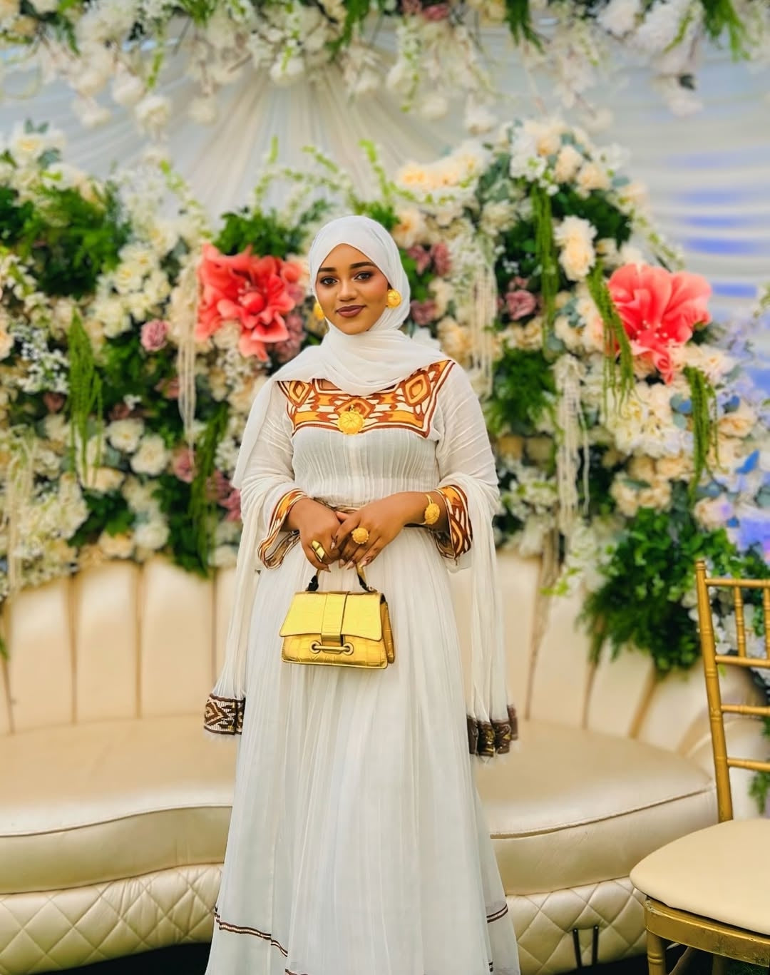 Gold Ethiopian Traditional Dress – Handcrafted Cultural kemis with Wide Tibeb Embroidery and Elegant Silhouette for Luxury Weddings & Heritage Celebrations