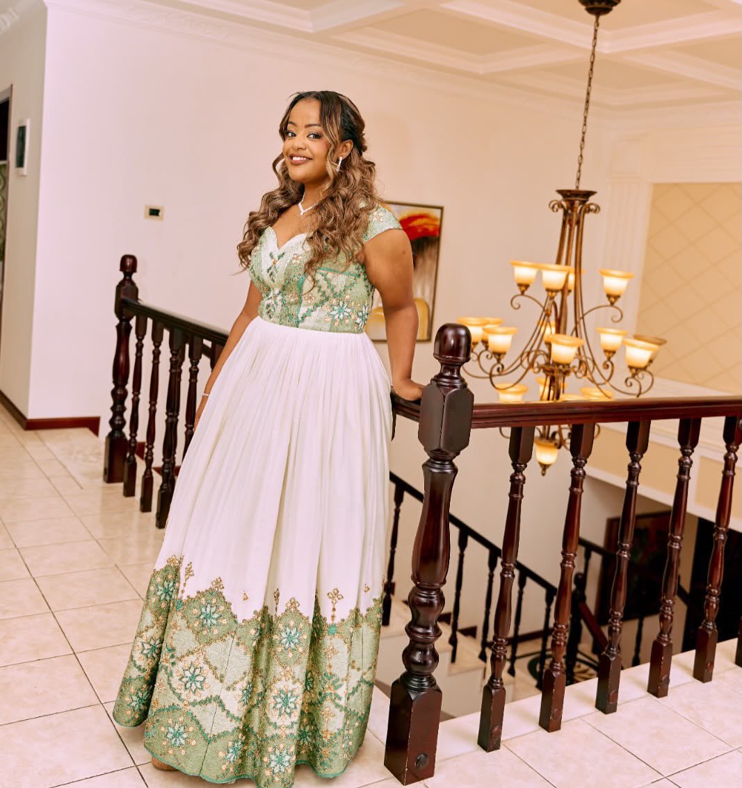 Women's Green Habesha Dress for Bridal | Traditional Ethiopian Dress with Tilf Border
