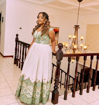 Women's Green Habesha Dress for Bridal | Traditional Ethiopian Dress with Tilf Border