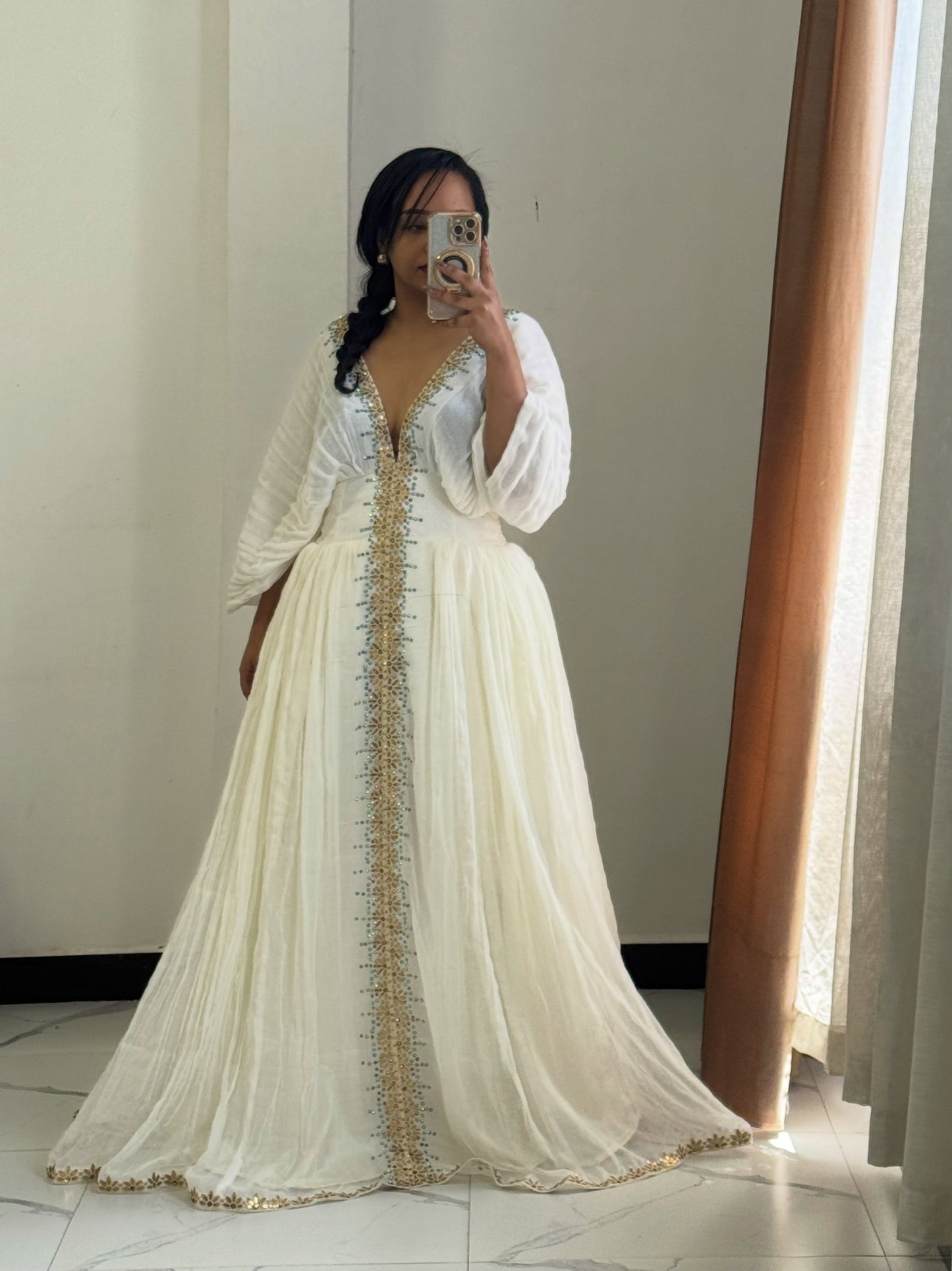 Gold Habesha Dress Handwoven Cotton Wide Tibeb for Weddings