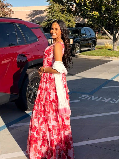 Red Chiffon Habesha - Chiffon Blend Hand-Stitched Cultural Trim for Special Occasions